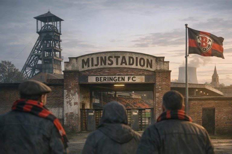 Sfeervol beeld van het Mijnstadion, historisch thuis van Beringen FC