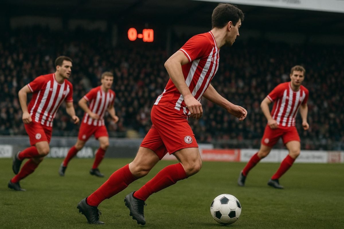 Spelers van Zulte Waregem in een gespannen moment tijdens de degradatiestrijd.