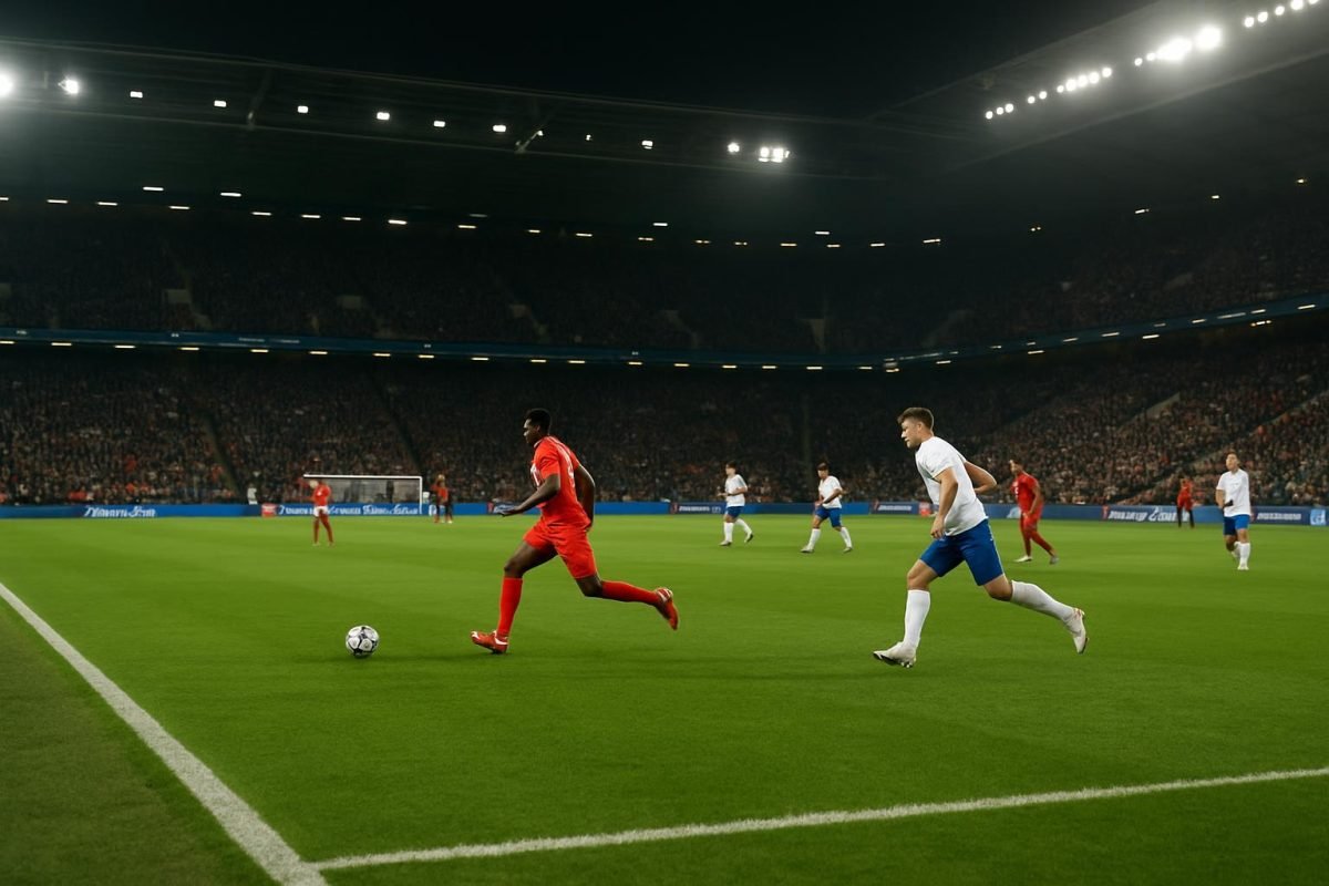 Stadionomgeving tijdens een Jupiler Pro League-wedstrijd met tv-uitzendcontext zonder herkenbare gezichten