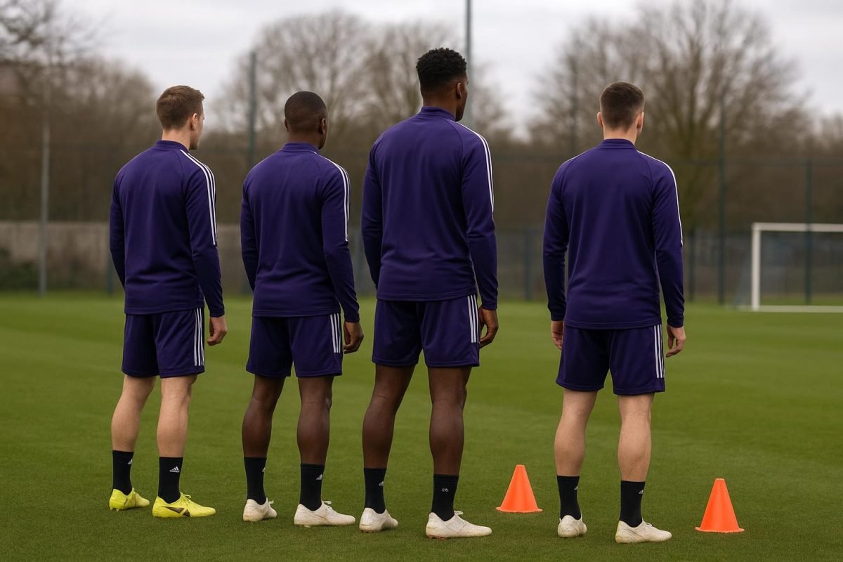 Training van RSC Anderlecht met focus op centrale verdedigers op het oefenveld