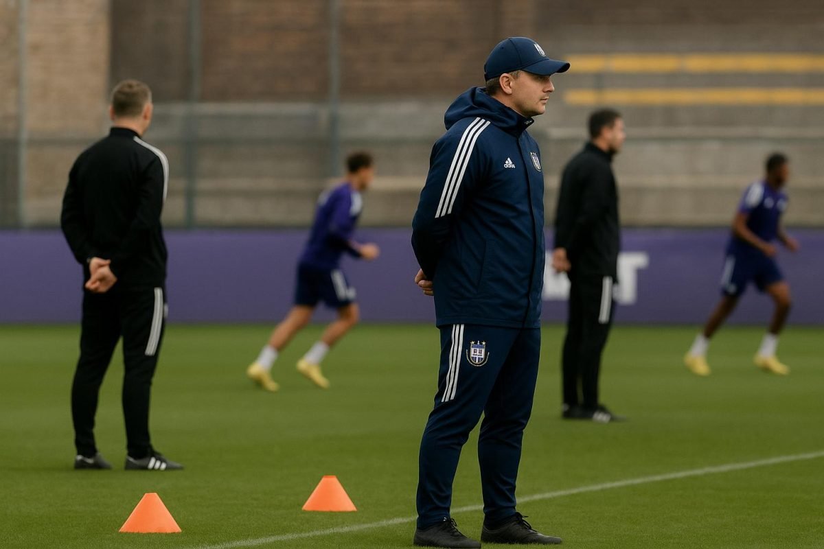 Jérémy Taravel op het veld bij Anderlecht terwijl de club aan zijn staf sleutelt