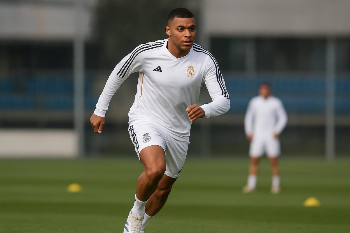 Een Real Madrid-speler op training terwijl de ploeg wacht op nieuws over Mbappé